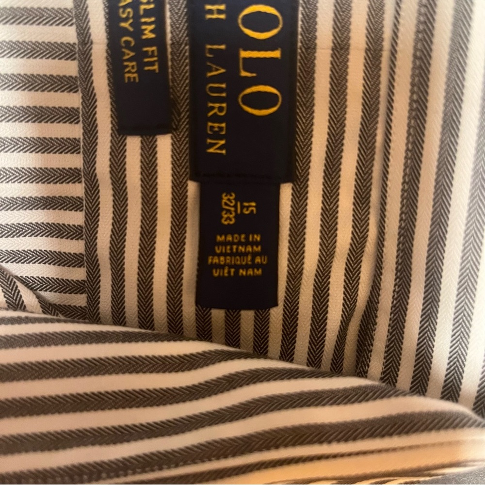 Polo Ralph Lauren Blue Label 15” Neck Slim Fit Gray/White Stripe Preppy Casual - Picture 7 of 9